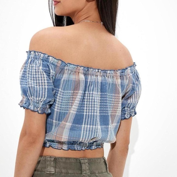 AEO 🦅 Off Shoulder Plaid Puff Sleeve Crop Top - Picture 3 of 15